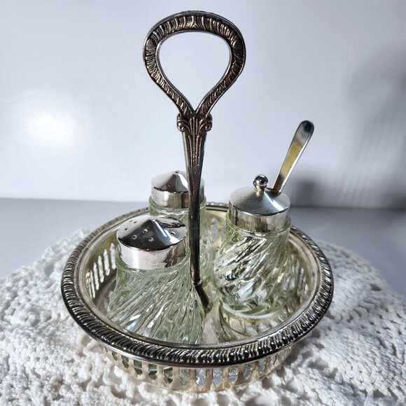 Glass Condiment Salt Pepper Sugar Set in Caddy Holder Glass Jars Sugar Scoop - Picture 2 of 14